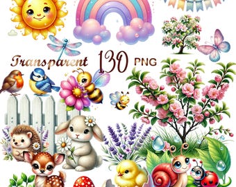 Spring Garden Clipart 130 PNG – Garden Animals, Flowers & Plants Art, Cute Botanical PNG Set, Pastel Spring Decor, Digital Download