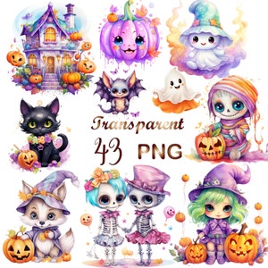 43 Watercolor Halloween Cute Collection Clipart, PNG,  Halloween Clipart, Cute Ghost Clipart, Bat Clipart, Halloween Bundle, Commercial Use