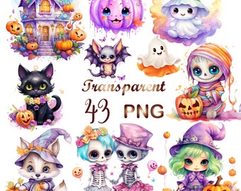 43 Watercolor Halloween Cute Collection Clipart, PNG,  Halloween Clipart, Cute Ghost Clipart, Bat Clipart, Halloween Bundle, Commercial Use