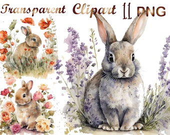 11 Cute Bunnies in Flowers Clipart, png, bunny clipart, rabbit clipart,commercial use,digital download,bunny sublimation,sublimation design