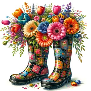 May include: A pair of colorful rain boots with a floral pattern. The boots are decorated with a bouquet of bright flowers, including red, yellow, pink, and blue.