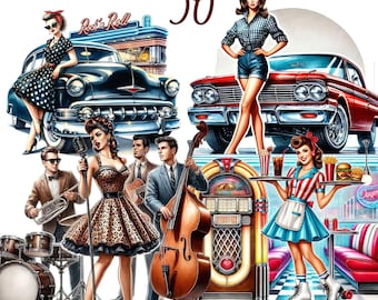 50 PNG  Scrapbooking Rockabilly Clipart, Retro Music Illustrations, Old School Vintage Art, Digital Download, Commercial Use for Crafts
