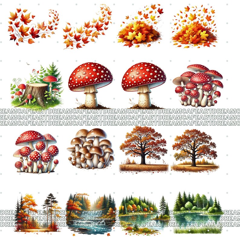 Puede incluir: Una colecci&oacute;n de ilustraciones en acuarela con temas oto&ntilde;ales. Las im&aacute;genes incluyen hojas cayendo, setas con sombreros rojos y puntos blancos, varias especies de &aacute;rboles y paisajes forestales con lagos y r&iacute;os.
