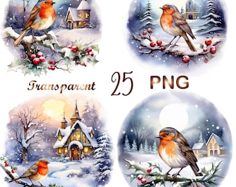 25 Christmas Robin Clipart  PNG, Winter Robin PNG, Bird Robin PNG. Red Robin Sublimation, Bird Clipart, Robin Watercolor, Commercial USe