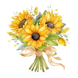 May include: A watercolor painting of a bouquet of sunflowers tied with a brown ribbon. The sunflowers are yellow with dark brown centers and green leaves.