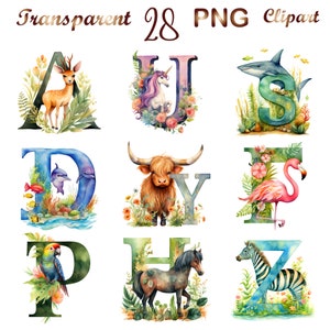 28 alfabetos de animales lindos en acuarela digital, letras de alta resolución para niños, licencia comercial incluida, descarga instantánea, PNG