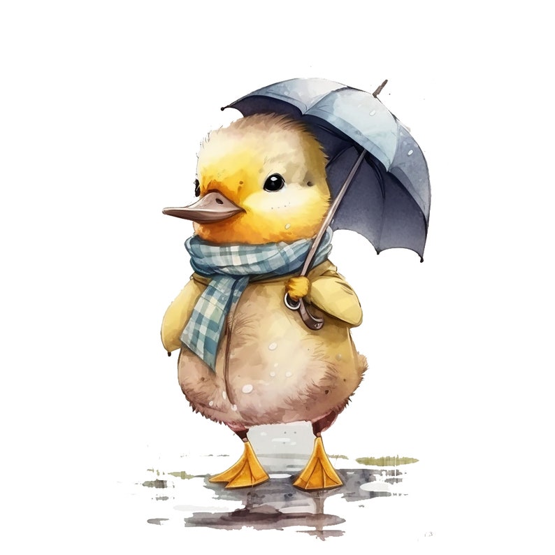 May include: A yellow duckling wearing a blue and white scarf holds a blue umbrella while standing in a puddle of water.