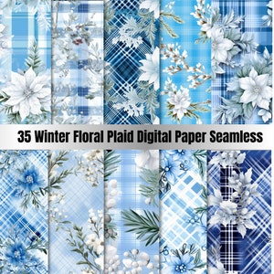 Paquet de 35 papiers numériques floraux d'hiver sans couture, motif répétitif de fleurs de neige, fond de texture transparente festif de Noël, papier de scrapbooking