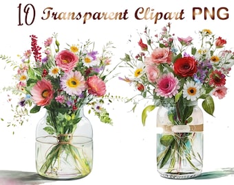 10 png, Flowers in a jar clipart,Flowers png, Flower bouquet png, Digital Download,Mixed Media,Digital Paper Craft,Watercolor clipart