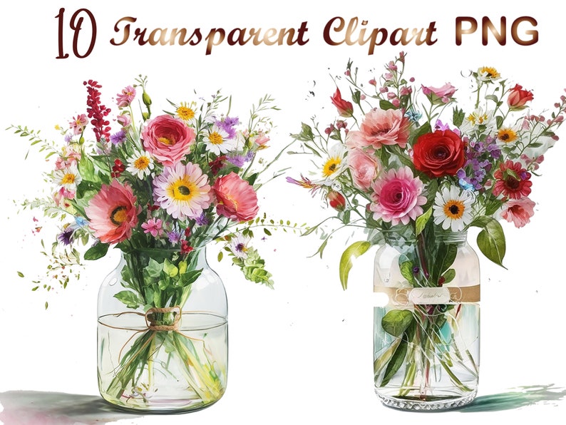 May include: Two glass jars filled with colorful bouquets of flowers. The flowers are in shades of pink, red, white, and purple. The jars are tied with twine and have a rustic look.