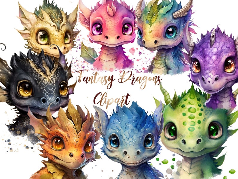 May include: A digital clipart set of seven fantasy dragons with watercolor-like textures. The dragons are in various colors, including green, blue, purple, pink, orange, yellow, and black. The dragons have large eyes and are looking at the viewer. The text "Fantasy Dragons Clipart" is written in a whimsical font below the dragons.
