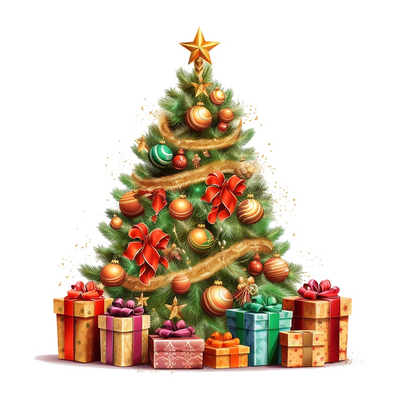 May include: A decorated Christmas tree with a gold star topper, ornaments, and red bows. Presents wrapped in various colors are at the base of the tree. The tree is on a white background.