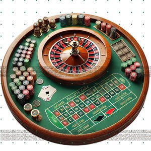 May include: A green felt roulette table with a wooden frame. The table has a spinning wheel with numbered slots, a betting layout, and stacks of chips.