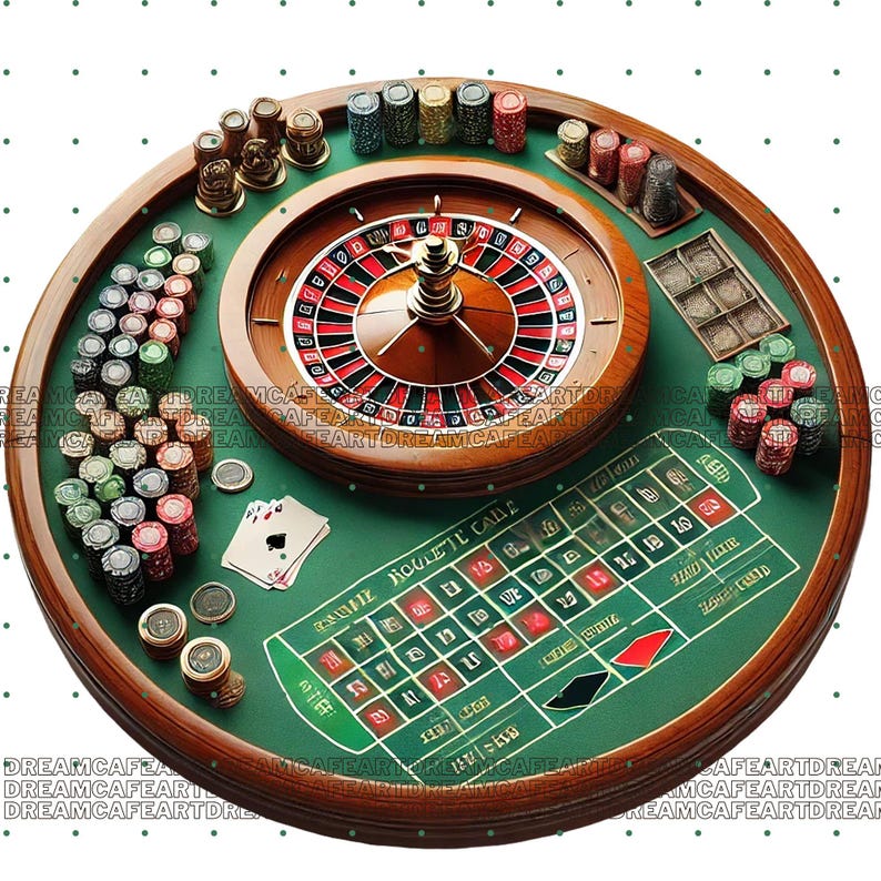 May include: A green felt roulette table with a wooden frame. The table has a spinning wheel with numbered slots, a betting layout, and stacks of chips.