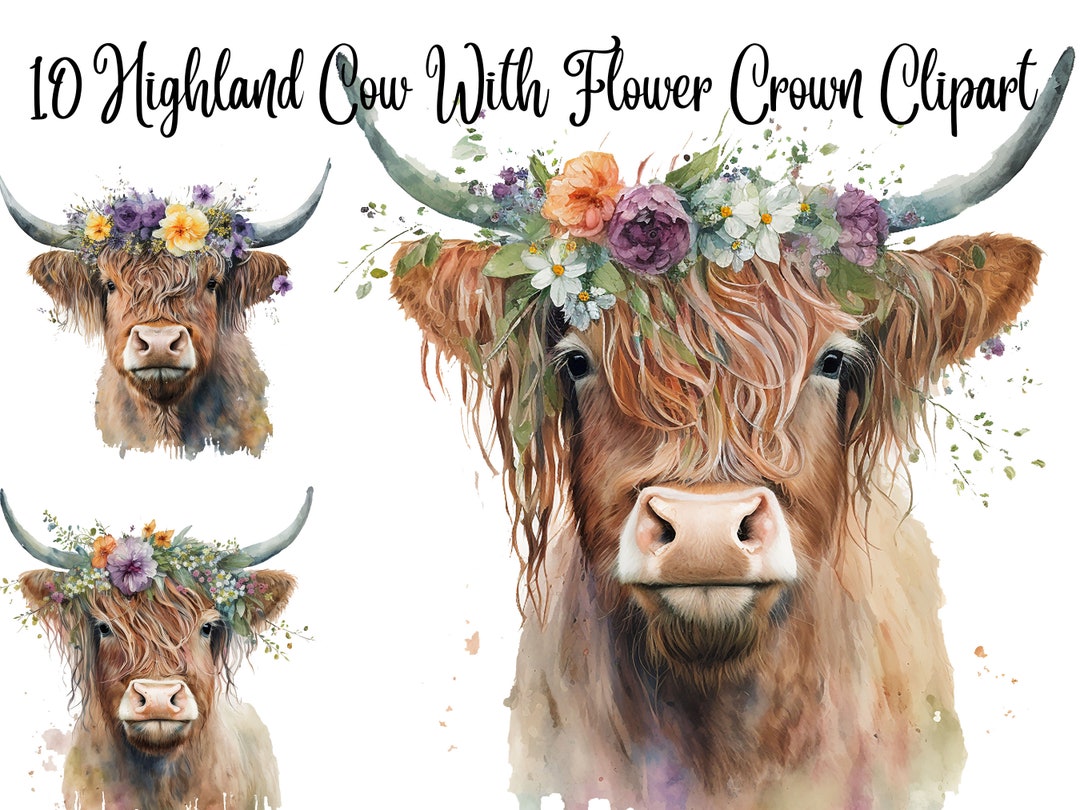 10 Jpgs, Highland Cow With Flower Crown Clipart Bundle, Cute Highland ...