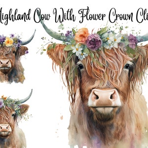 10 Highland Cow With Flower Crown Clipart - High Quality JPGs - Digital Paper Crafting, Digital Planner, Watercolor,Highland cow clipart