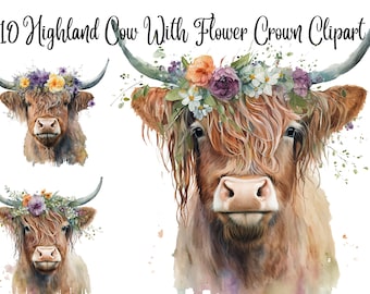 10 Highland Cow With Flower Crown Clipart - Hochwertige JPGs - Digitale Papiergestaltung, Digitaler Planer, Aquarell, Highland Cow Clipart