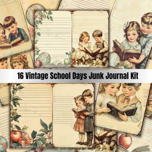16 Vintage School Days Junk Journal Kit, Antique Notebook Pages, Retro Children Printable, Old School Journal Pages,Vintage Reading Ephemera