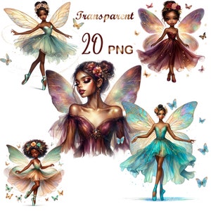 20 PNG Black Fairy Girl Clipart, Watercolor Black ballerina Girl PNG, Black Fairy Melanin Cliparts,Fairy clipart,Fantasy PNG, FairyTale