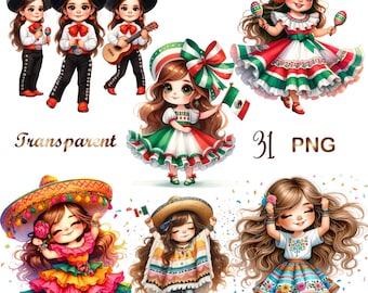 Puede incluir: Un conjunto de 31 ilustraciones digitales con chicas de dibujos animados lindas en varios atuendos con temática mexicana. Las chicas visten vestidos coloridos, sombreros y ropa tradicional mexicana. Algunas de las chicas sostienen maracas, mientras que otras sostienen banderas. Las ilustraciones son perfectas para usar en scrapbooking digital, creación de tarjetas y otros proyectos creativos.