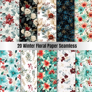 Paquet de 20 papiers numériques d'hiver aquarelle transparente, motif répétitif de fleurs de Noël, fond de texture transparente festif de Noël, scrapbooking