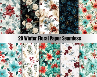 20 Seamless Watercolor Winter Digital Paper Pack,Flower Xmas Repeating Pattern,Christmas Festive Seamless Texture Background,Scrapbooking