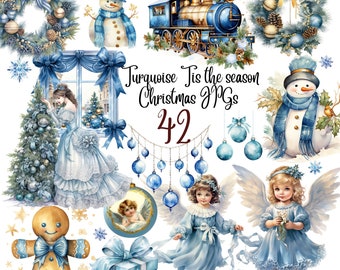 42 JPGs, Turquoise Tis the season Christmas clipart, Digital Download, Christmas Clipart,  Winter Clipart, Holiday Clipart,Christmas