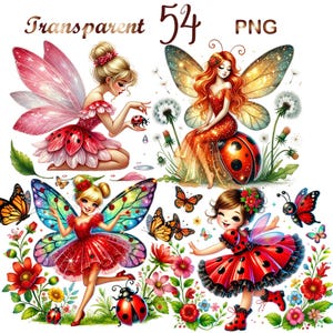 May include: Three fairies with wings and ladybug dresses are surrounded by flowers and ladybugs. The fairies have red, pink, and yellow dresses with glitter accents. The text "Transparent 54 PNG" is in the upper right corner of the image.
