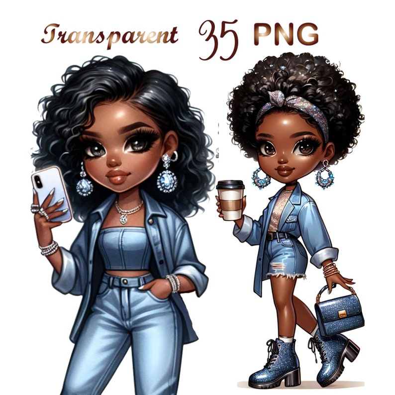 May include: Two cartoon illustrations of a Black woman with curly hair. The woman on the left is wearing a blue denim jacket, a blue denim top, and blue denim pants. She is holding a smartphone in her left hand and has her right hand in her pocket. The woman on the right is wearing a blue denim jacket, a light blue top, and denim shorts. She is holding a cup of coffee in her right hand and a blue handbag in her left hand. Both women are wearing blue earrings and a necklace.