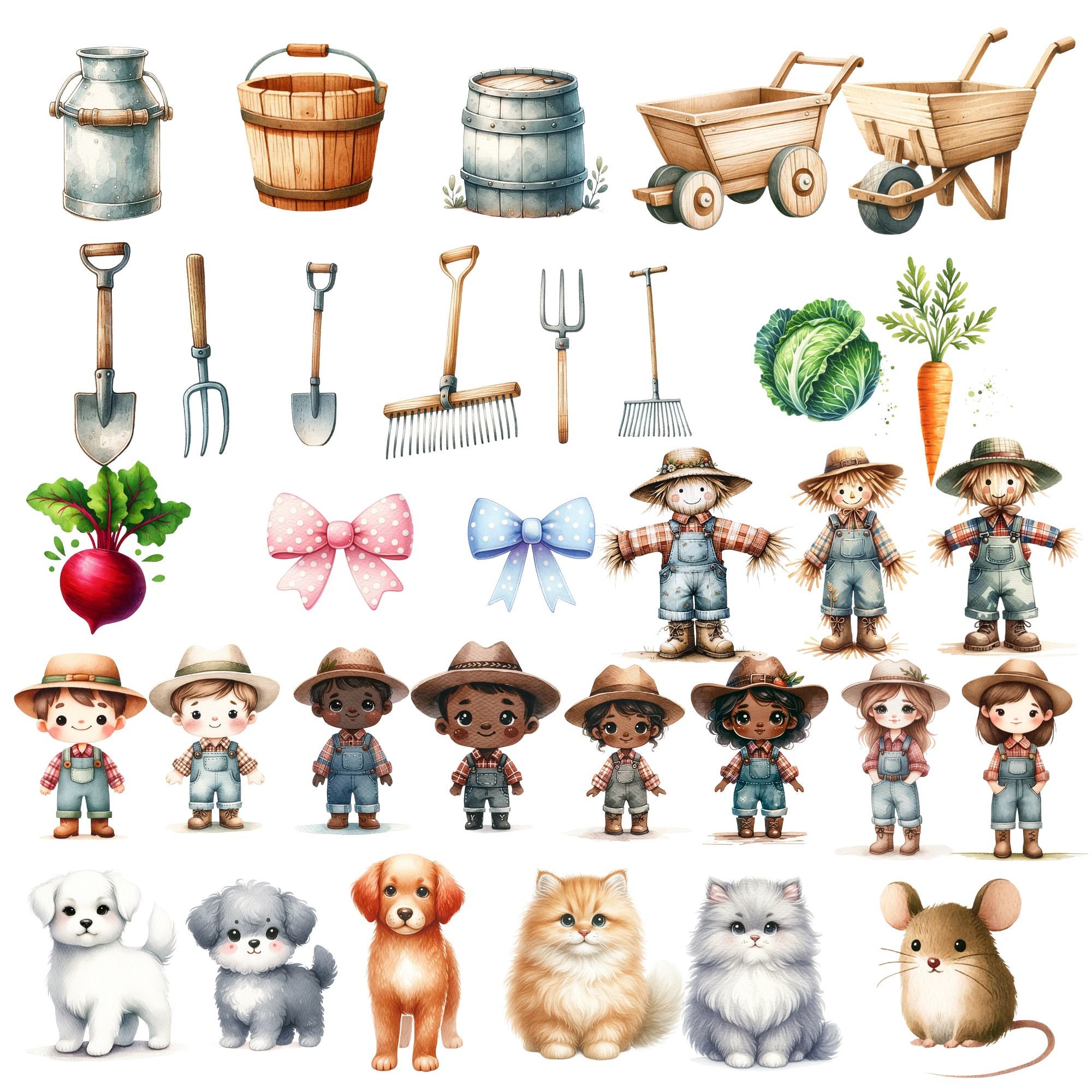 122 PNG Watercolor Farm Animals Clipart Bundle, Cute Farm Clipart, Farm ...