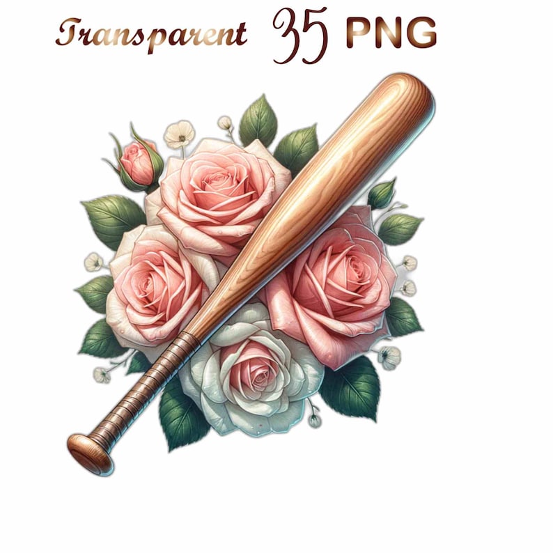 May include: A wooden baseball bat with a brown and black grip, lying on top of a bouquet of pink and white roses with green leaves.