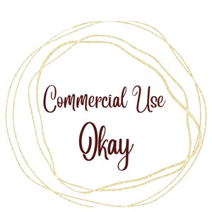 Puede incluir: Un fondo blanco con un dise&ntilde;o circular dorado brillante. El texto "Commercial Use Okay" est&aacute; escrito en una fuente de escritura de color rojo oscuro dentro del c&iacute;rculo.