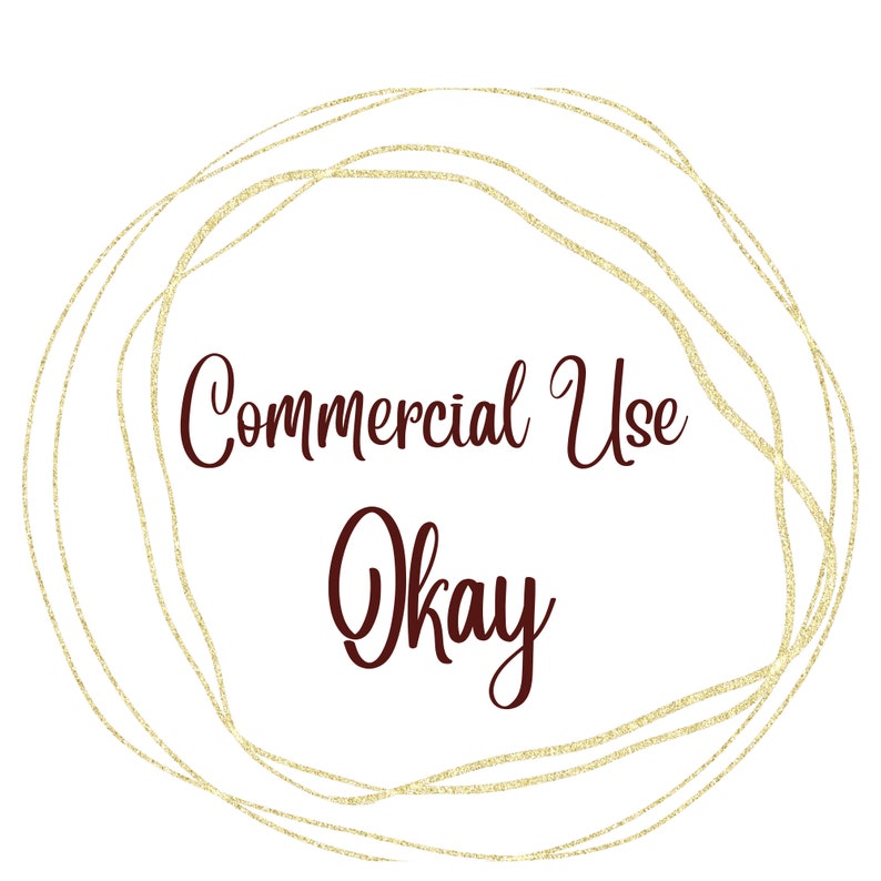 Puede incluir: Un fondo blanco con un dise&ntilde;o circular dorado brillante. El texto "Commercial Use Okay" est&aacute; escrito en una fuente de escritura de color rojo oscuro dentro del c&iacute;rculo.