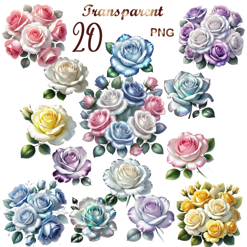 20 PNG Watercolor Rose Clipart Bundle – Bouquet of Roses Art - Pastel ...