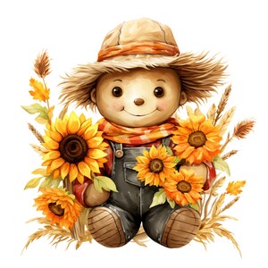 May include: A watercolor illustration of a smiling scarecrow doll wearing a straw hat, orange and red plaid scarf, and denim overalls. The doll is holding a bouquet of bright yellow sunflowers and surrounded by wheat stalks.