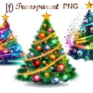 May include: Three colorful Christmas trees with ornaments and lights. The tree on the left is rainbow colored, the tree in the center is green with gold and red ornaments, and the tree on the right is blue with rainbow lights.