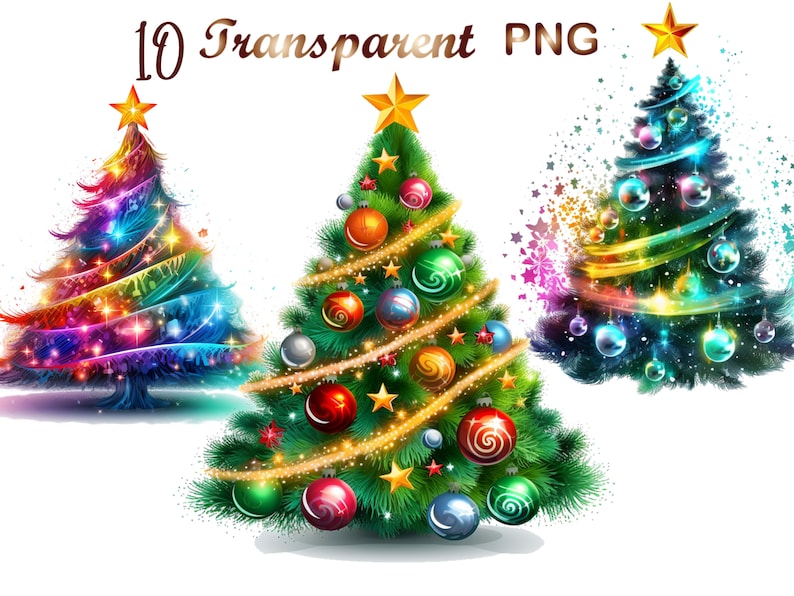 May include: Three colorful Christmas trees with ornaments and lights. The tree on the left is rainbow colored, the tree in the center is green with gold and red ornaments, and the tree on the right is blue with rainbow lights.