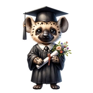 May include: A cartoon hyena wearing a black graduation cap and gown, holding a diploma and a bouquet of flowers. The hyena has a happy expression on its face.