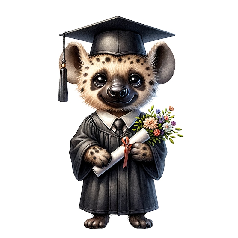 May include: A cartoon hyena wearing a black graduation cap and gown, holding a diploma and a bouquet of flowers. The hyena has a happy expression on its face.