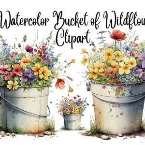 12 Bucket of Wildflowers Clipart, JPGs, Commercial use, Digital Download, Card Making, Mixed Media, Digital Paper Craft, Watercolor clipart