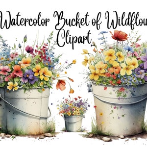 12 Bucket of Wildflowers Clipart, JPGs, Commercial use, Digital Download, Card Making, Mixed Media, Digital Paper Craft, Watercolor clipart