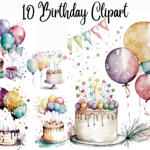 10 Birthday clipart,party clipart, happy birthday,balloons clipart, birthday party,JPGs, watercolor clipart, Commercial Use,Digital Download