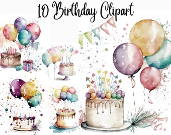 10 Birthday clipart,party clipart, happy birthday,balloons clipart, birthday party,JPGs, watercolor clipart, Commercial Use,Digital Download