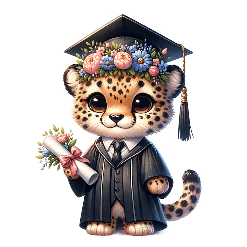 May include: A cheetah wearing a black graduation cap and gown, holding a diploma with a pink ribbon. The cheetah has a flower crown with pink, blue, and white flowers.