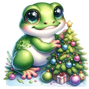 Puede incluir: Una rana verde con ojos grandes se sienta junto a un &aacute;rbol de Navidad decorado. El &aacute;rbol est&aacute; adornado con adornos coloridos, una estrella en la cima y una peque&ntilde;a caja de regalo en la base.