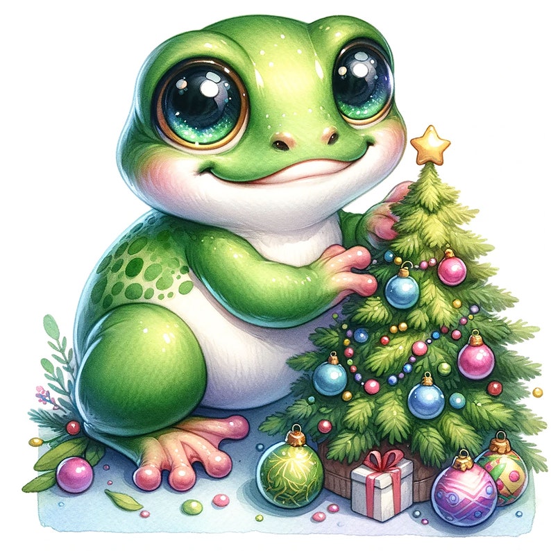 Puede incluir: Una rana verde con ojos grandes se sienta junto a un &aacute;rbol de Navidad decorado. El &aacute;rbol est&aacute; adornado con adornos coloridos, una estrella en la cima y una peque&ntilde;a caja de regalo en la base.