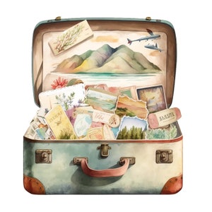 May include: A vintage blue suitcase filled with postcards, photos, and travel mementos. The suitcase has a brown leather handle and brass clasps. The inside of the suitcase is lined with a light brown fabric. The suitcase is open and the contents are visible. The postcards and photos are of various places and scenes. The mementos include a small wooden box, a seashell, and a piece of driftwood.
