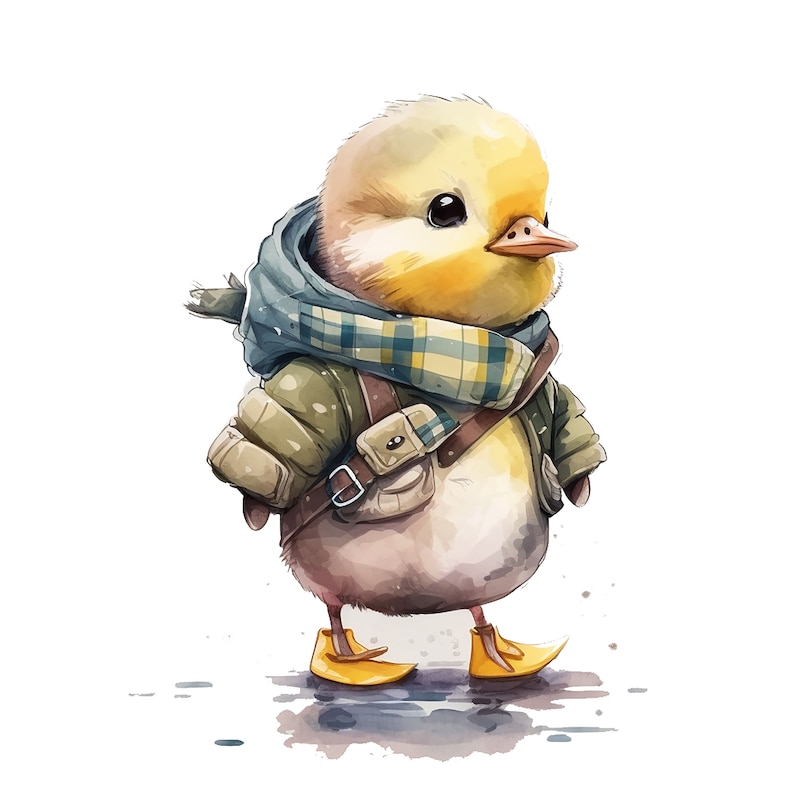 May include: A yellow chick wearing a blue and green plaid scarf and a brown jacket with a strap. The chick is wearing yellow boots and is standing on a white background.