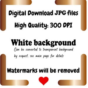 May include: Digital download of JPG files in high quality, 300 DPI. The image has a white background and can be converted to a transparent background. Watermarks will be removed.