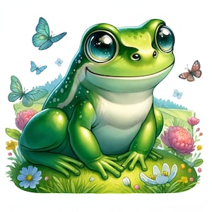 Puede incluir: Una rana verde con grandes ojos azules se sienta en un lecho de hierba verde y flores. La rana tiene una amplia sonrisa y mira hacia la derecha. Hay mariposas volando alrededor de la rana.